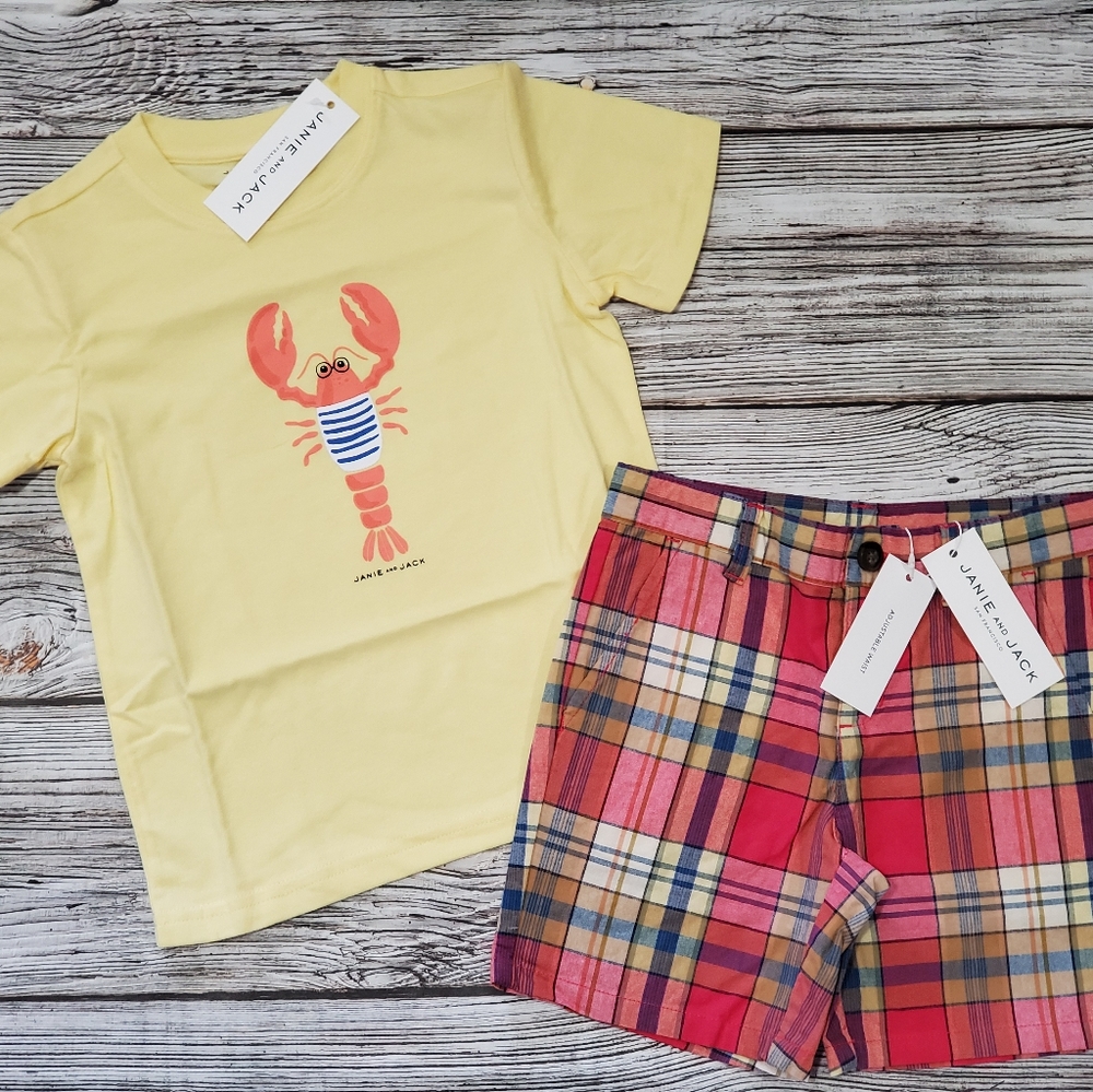 Janie and Jack Lobster Print T-Shirt and Plaid Shorts Outfit NWT - Picture 1 of 10